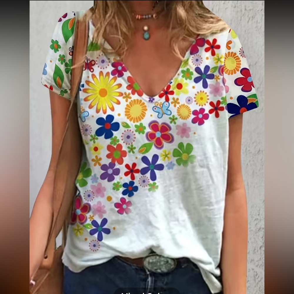 FLORAL PRINT CLASSIC V NECK TEE SHIRT SLEEVE
